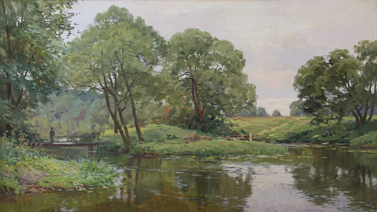 Vintage Frame TV Art, Antique Landscape Oil Painting (Trees by Quiet River)