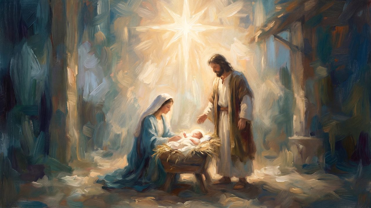 Nativity Scene Samsung Frame TV Art, The Birth of Jesus Christian Oil Painting, Holy Family Manger Wall Art