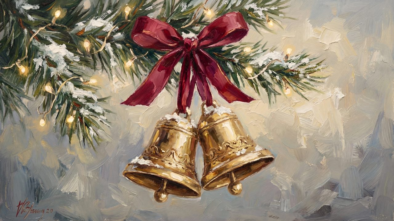 Christmas Frame TV Art, Vintage Holiday Oil Painting (Gold Bells with Red Bow)