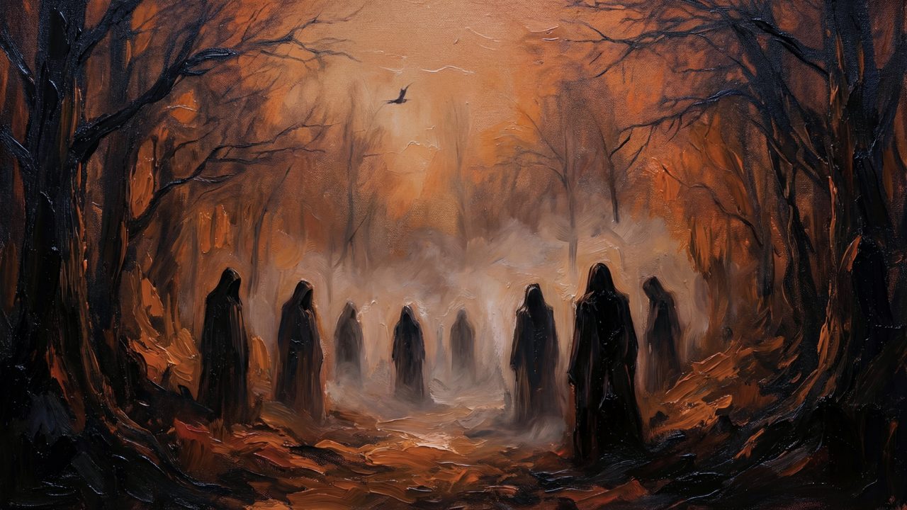 Halloween Frame TV Art, Vintage Moody Oil Painting (Hooded Figures in Foggy Forest)