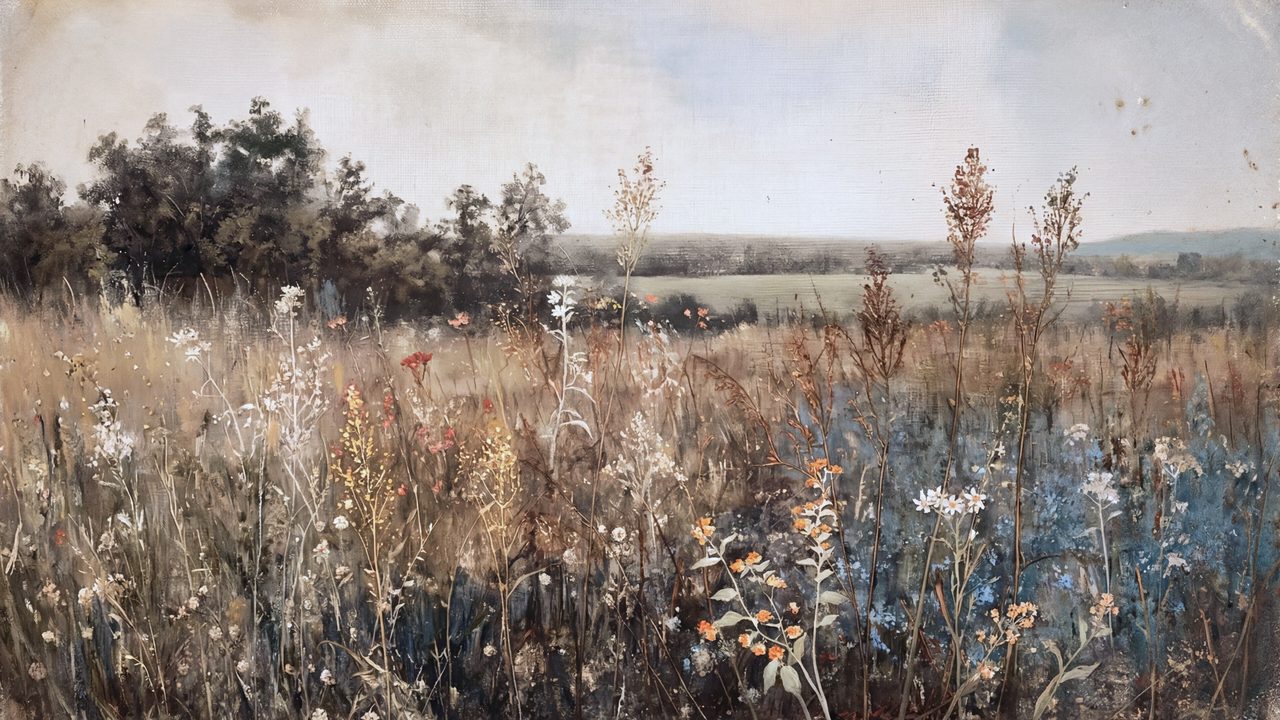 Vintage Frame TV Art, Antique Landscape Oil Painting (Wildflower Meadow by Woods)