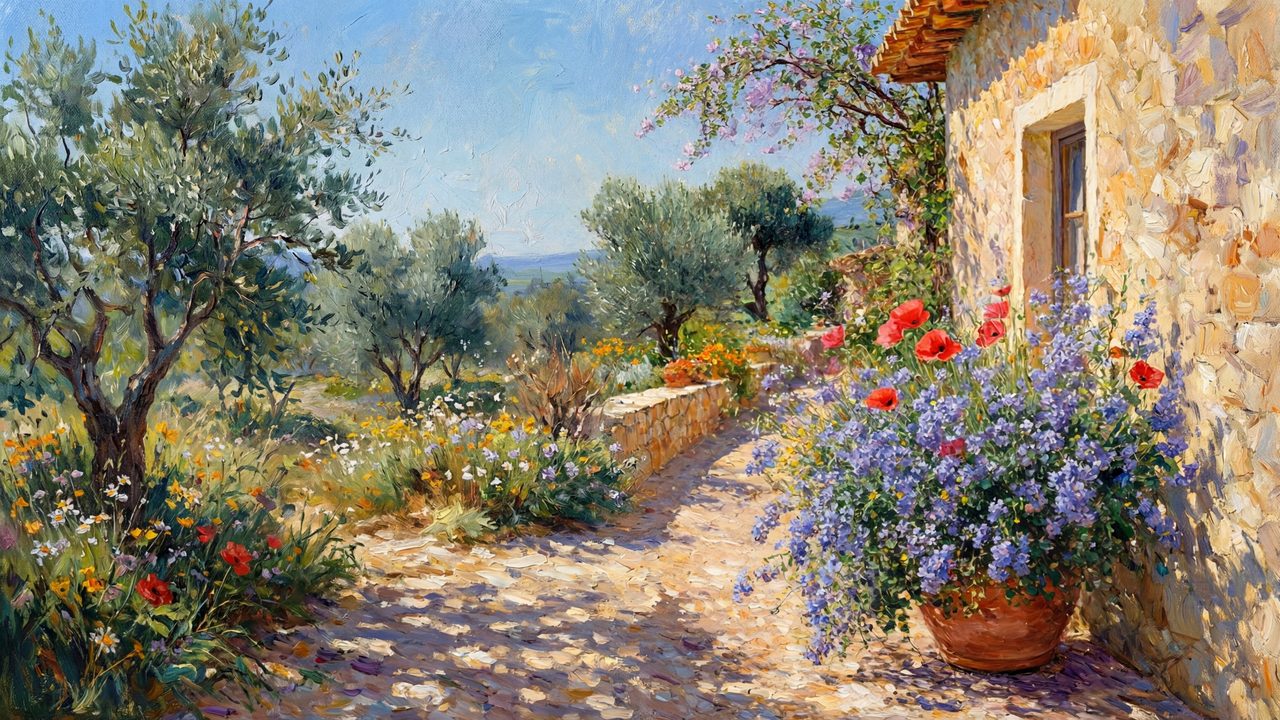 Spring Frame TV Art, Vintage Floral Landscape Oil Painting (Stone Cottage with Flower Pots)