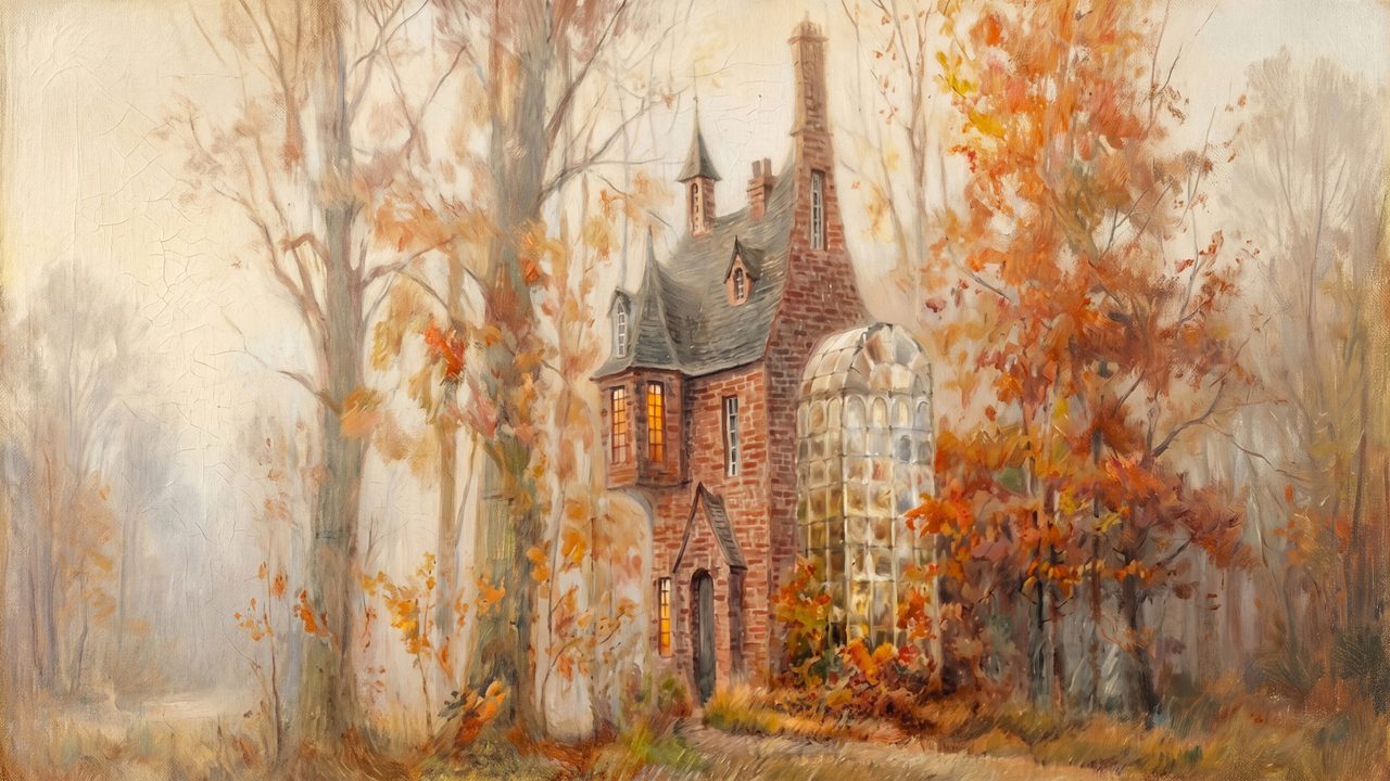Fall Frame TV Art, Vintage Autumn Oil Painting (Brick Tower in Autumn Forest)