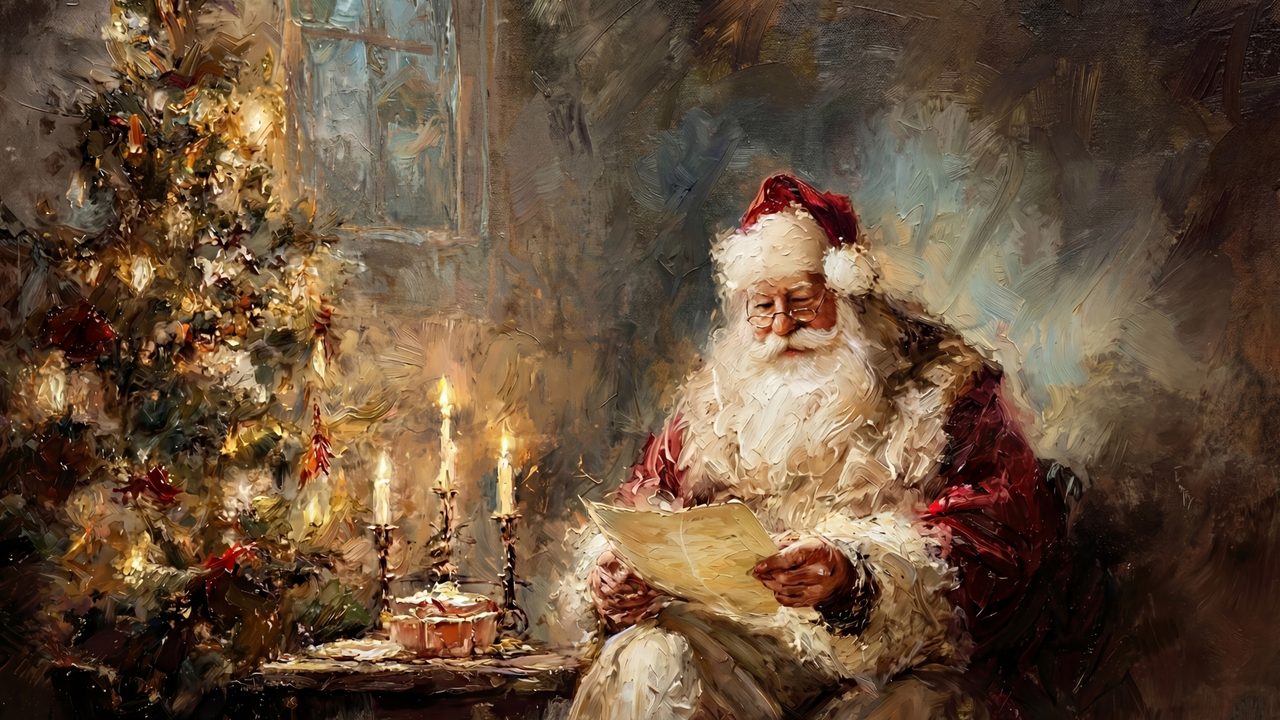 Christmas Frame TV Art, Vintage Holiday Oil Painting (Santa Reading by Tree)