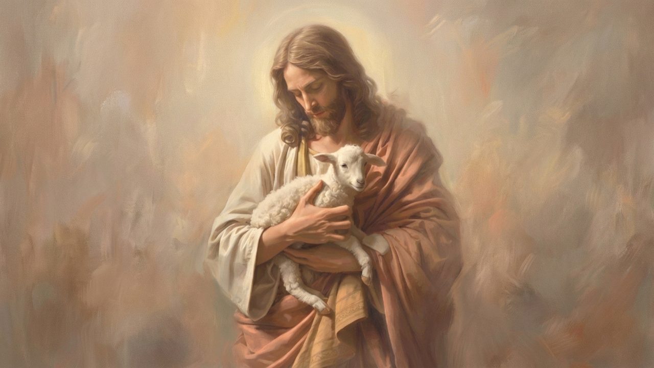 Christian Frame TV Art, Jesus Religious Oil Painting (Jesus Holding Lamb)