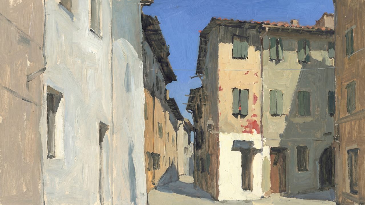 Vintage Frame TV Art, Antique Landscape Oil Painting (Sunlit Italian Street)