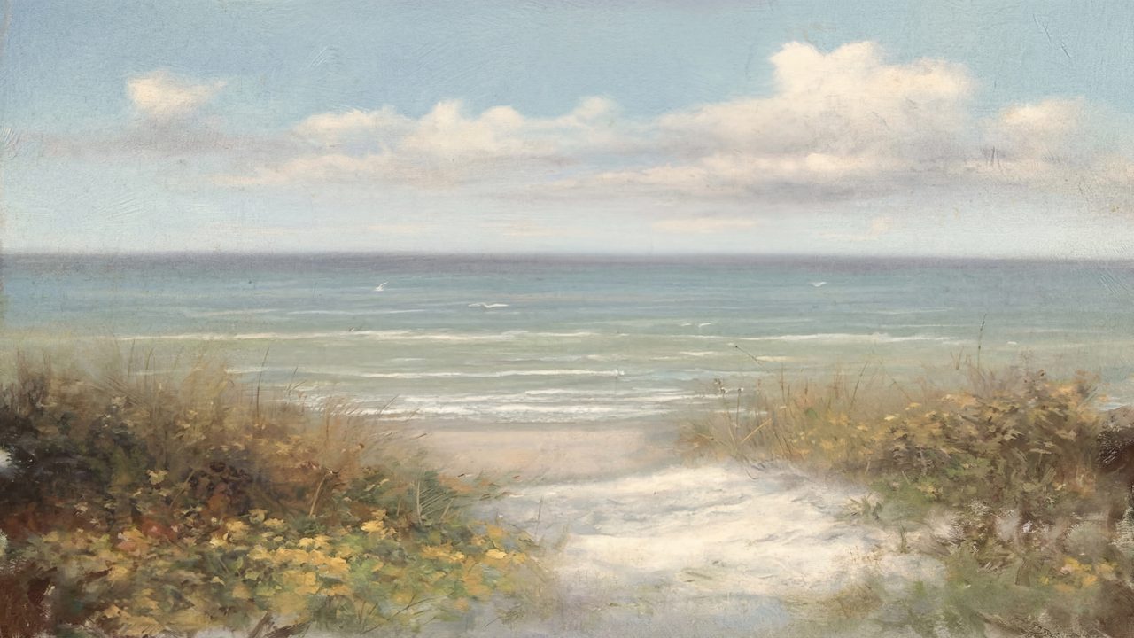 Nautical Frame TV Art, Coastal Oil Painting (Beach Path to Sea)
