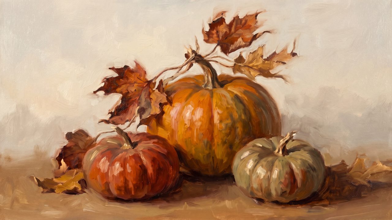 Fall Frame TV Art, Vintage Autumn Oil Painting (Pumpkins with Maple Leaves)