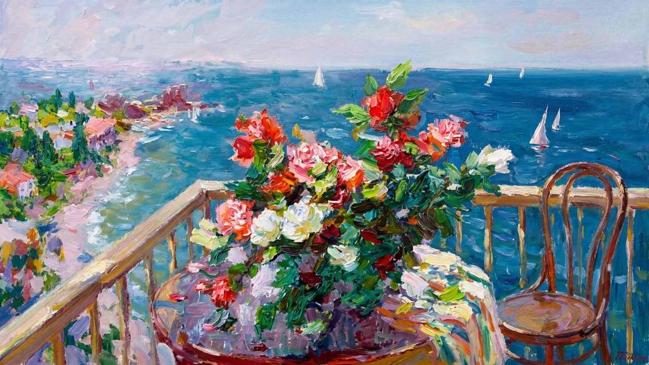 Spring Frame TV Art, Vintage Floral Landscape Oil Painting (Flowers on Seaside Balcony)