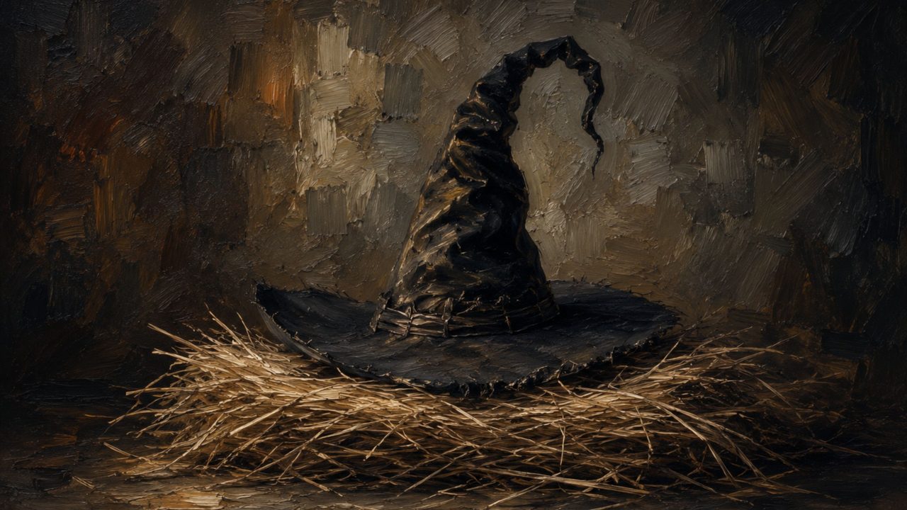 Halloween Frame TV Art, Vintage Moody Oil Painting (Witch Hat in Straw Nest)