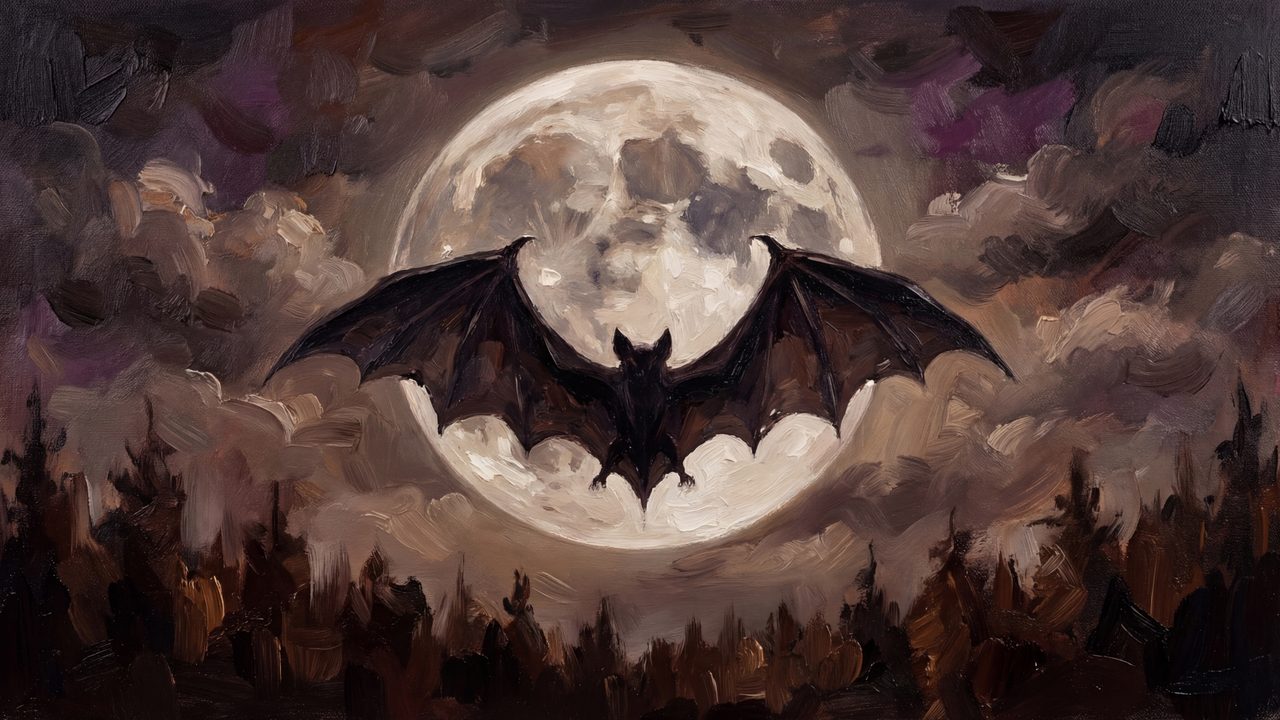 Halloween Frame TV Art, Vintage Moody Oil Painting (Bat Before Full Moon)