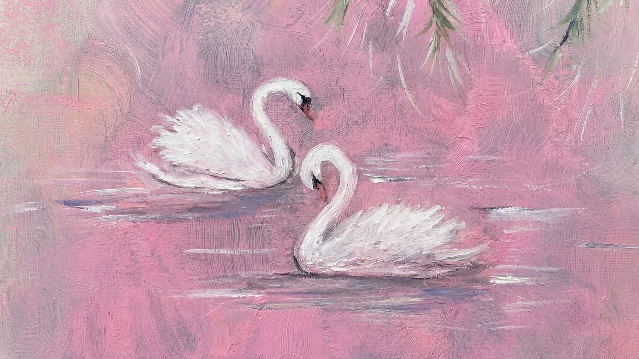 Romantic Pink Swan Lake Samsung Frame TV Art, Vintage White Swans Oil Painting, Soft Pastel Pond Decor