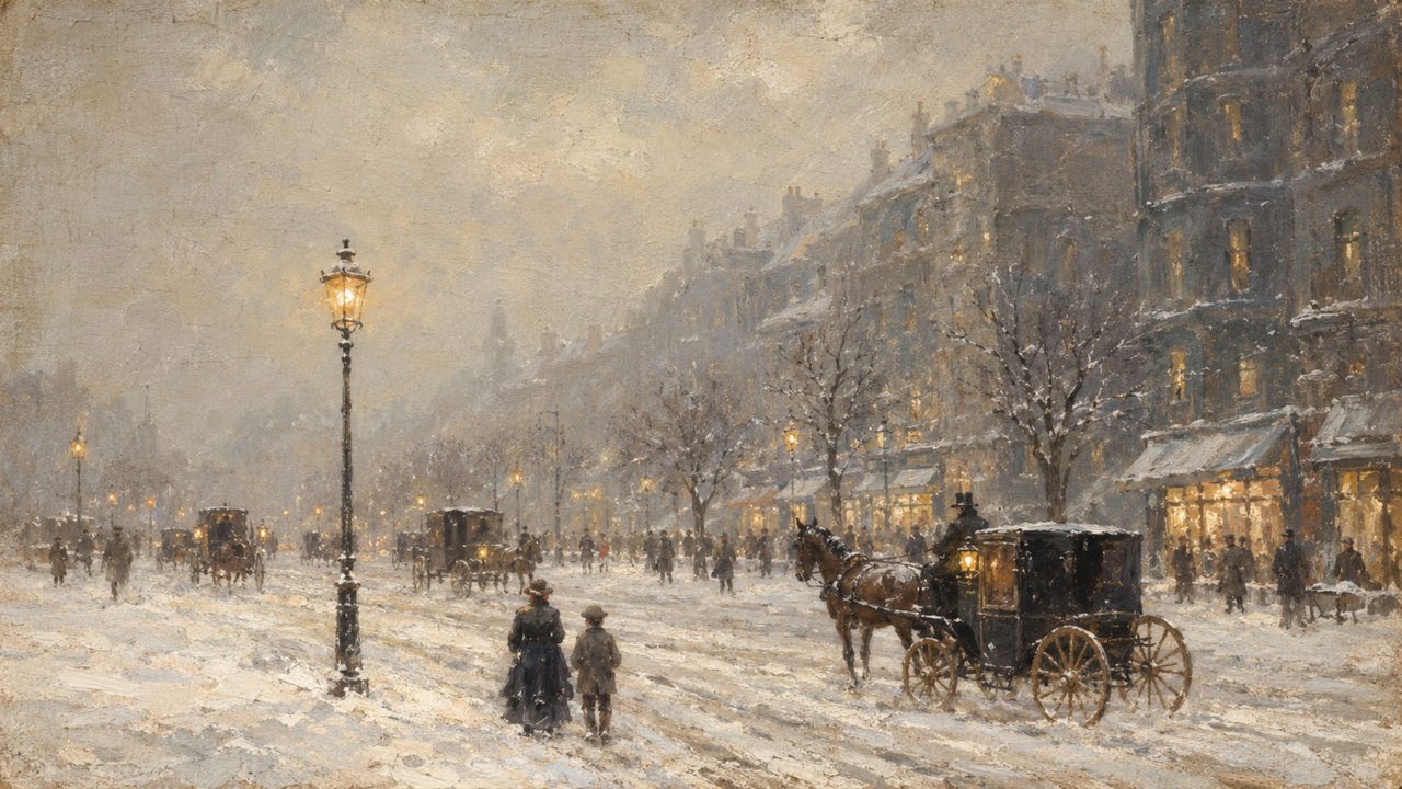 Christmas Frame TV Art, Vintage Holiday Oil Painting (Lamp Post on Snowy Boulevard)