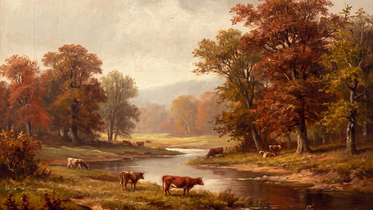 Fall Frame TV Art, Vintage Autumn Oil Painting (Cows by Autumn River)