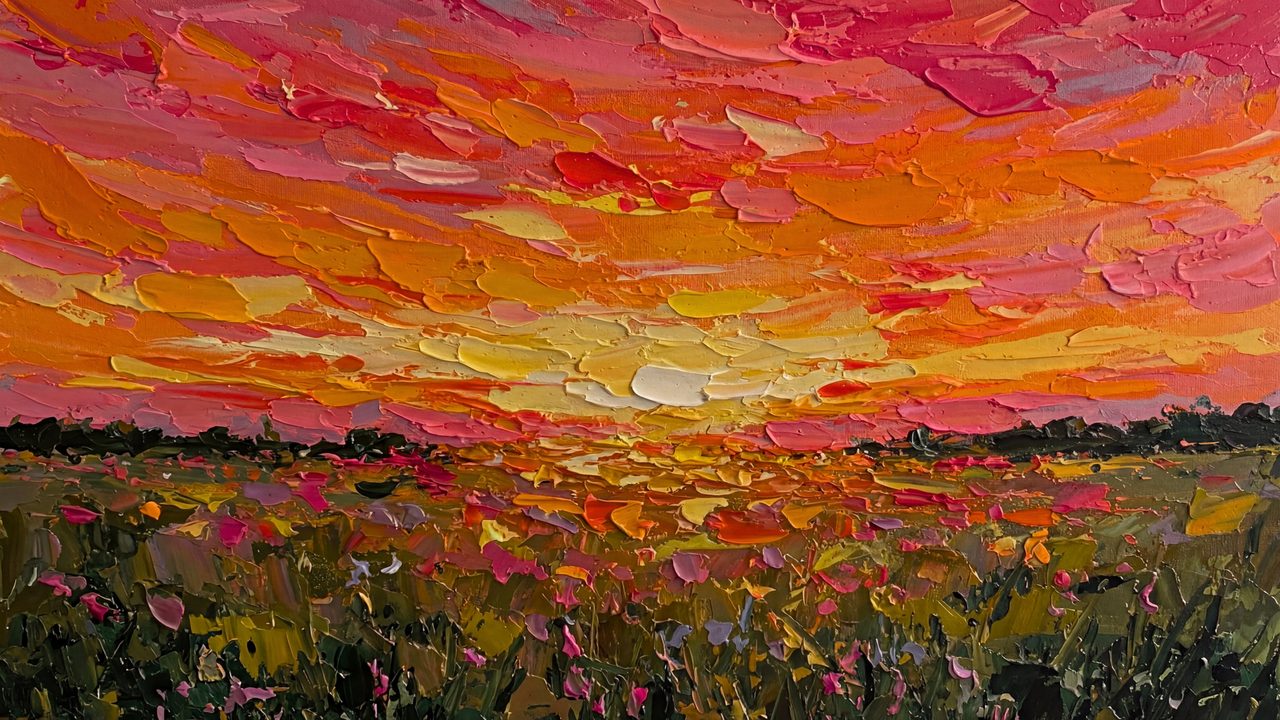 Valentine Frame TV Art, Romantic Vintage Oil Painting (Fiery Sunset Over Flower Field)