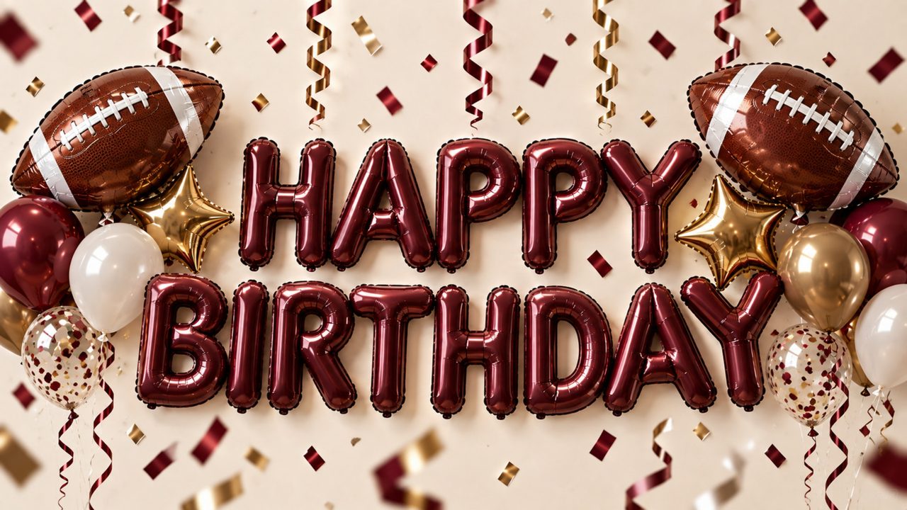 Happy Birthday Frame TV Art, Colorful Party TV Background (Football Birthday Balloons)