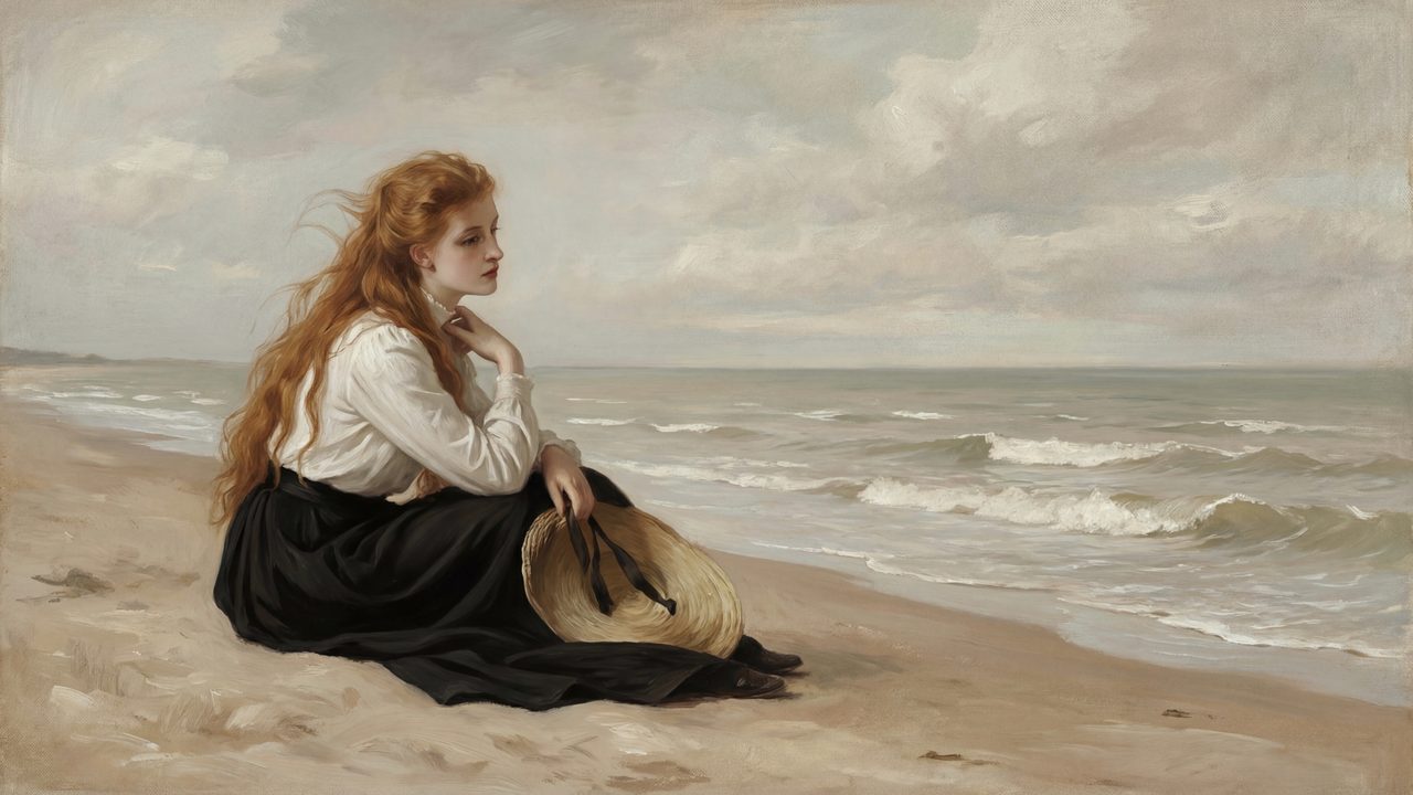 Vintage Frame TV Art, Antique Landscape Oil Painting (Red-Haired Girl on Beach)