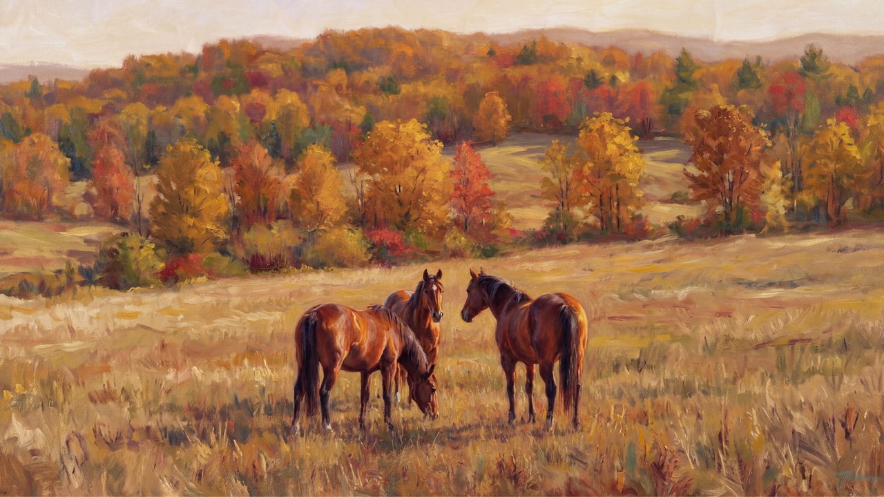 Fall Frame TV Art, Vintage Autumn Oil Painting (Horses Grazing in Autumn Hills)