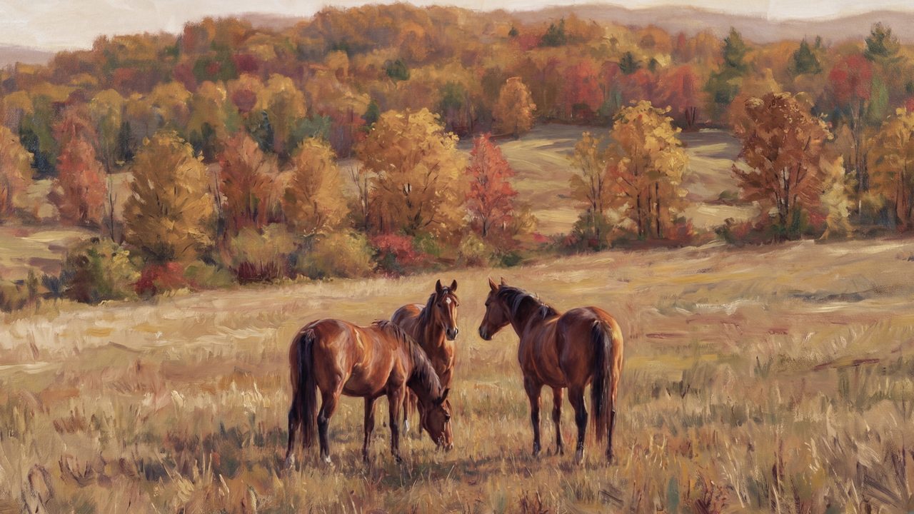 Fall Frame TV Art, Vintage Autumn Oil Painting (Horses in Autumn Meadow)