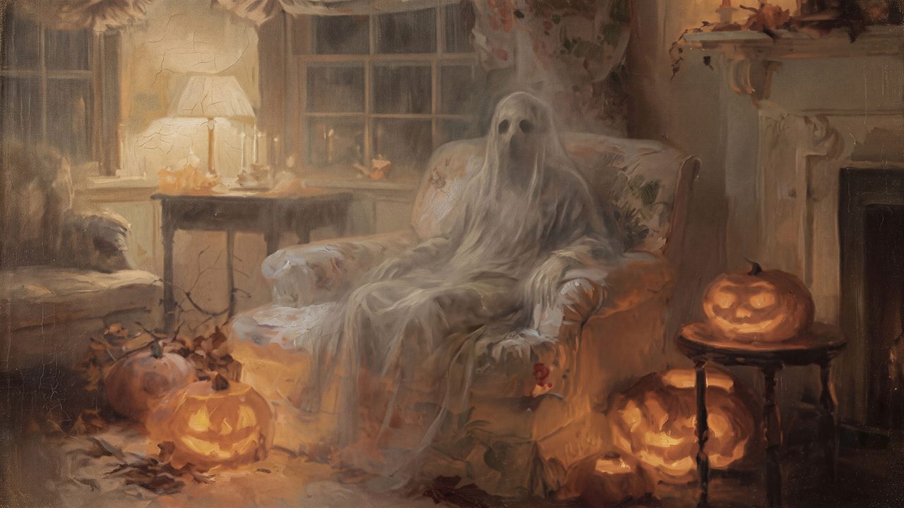 Halloween Frame TV Art, Vintage Moody Oil Painting (Ghost in Armchair)