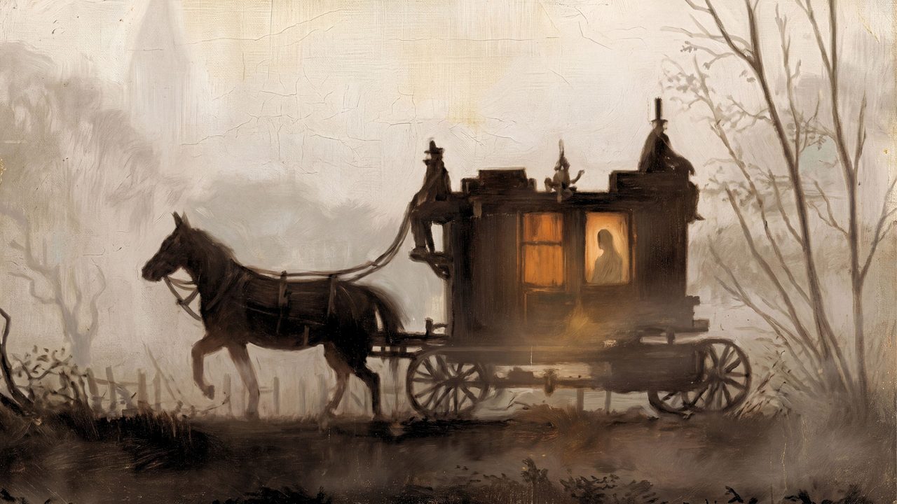 Halloween Frame TV Art, Vintage Moody Oil Painting (Horse-Drawn Carriage in Mist)