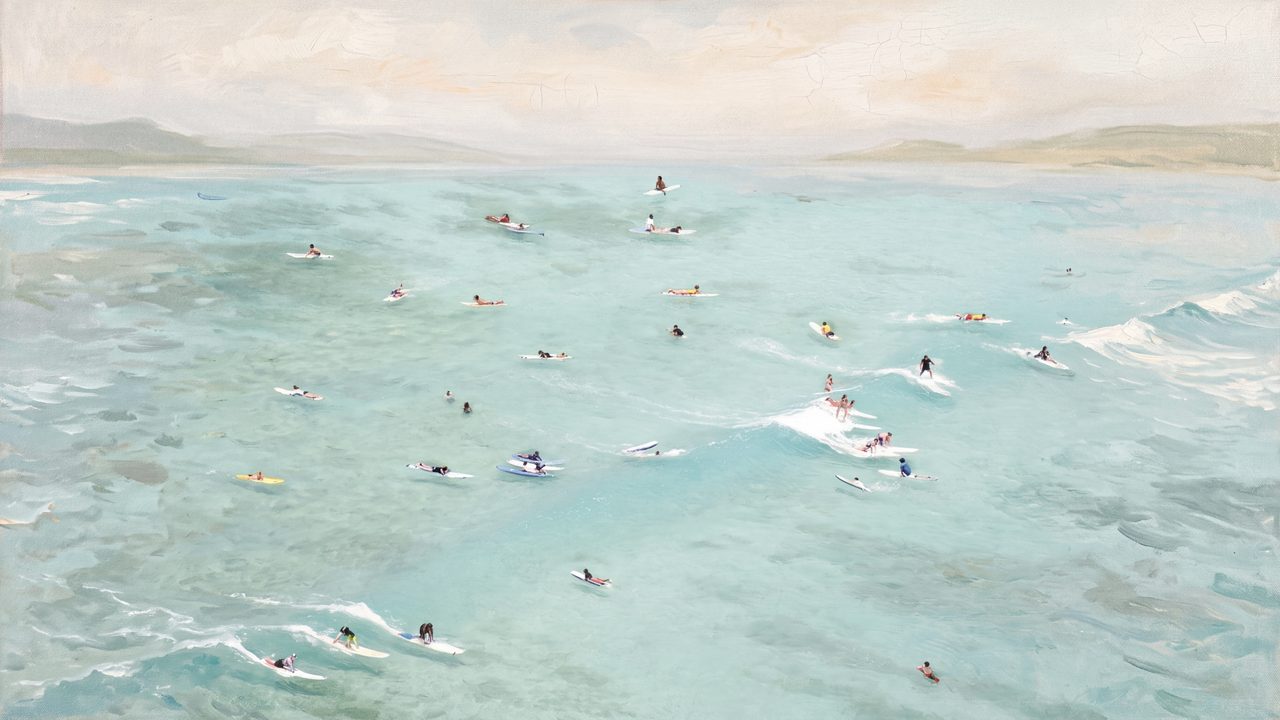 Summer Frame TV Art, Coastal Beach Oil Painting (Swimmers in Turquoise Sea)
