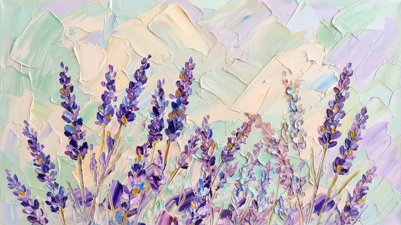 Spring Frame TV Art, Vintage Floral Landscape Oil Painting (Textured Lavender Sprigs)