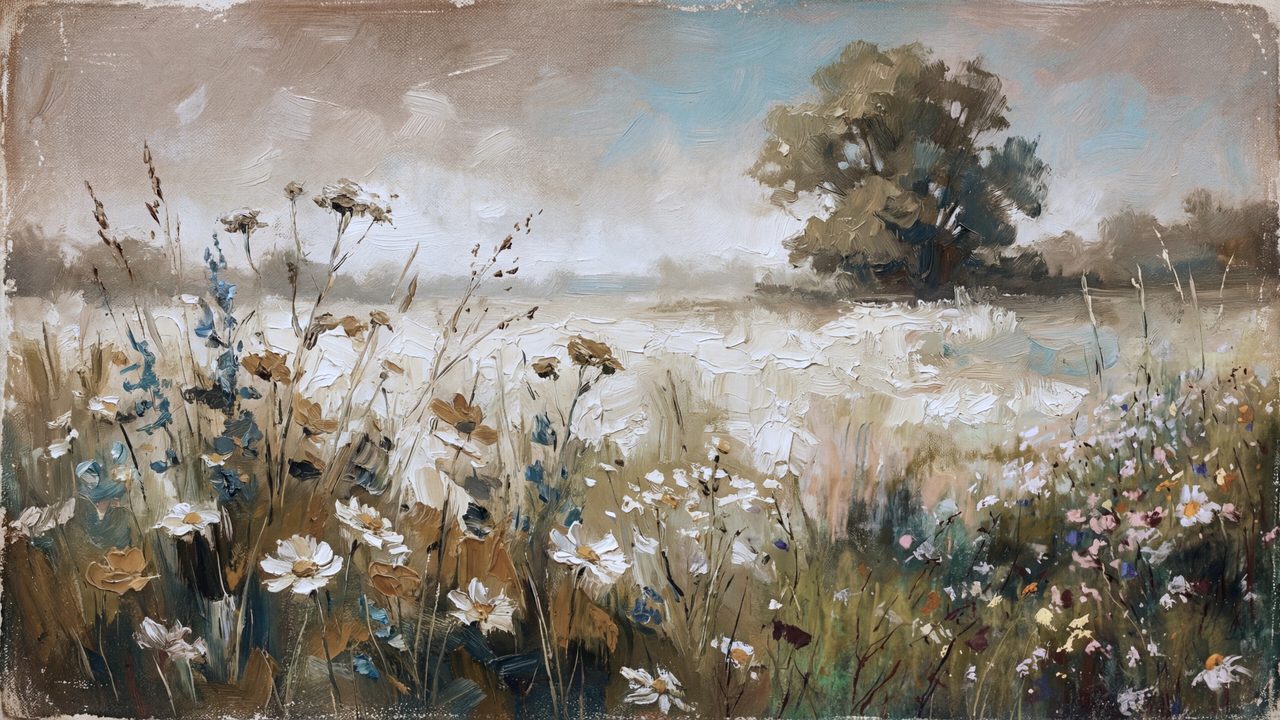 Vintage Frame TV Art, Antique Landscape Oil Painting (Wildflower Meadow with Tree)