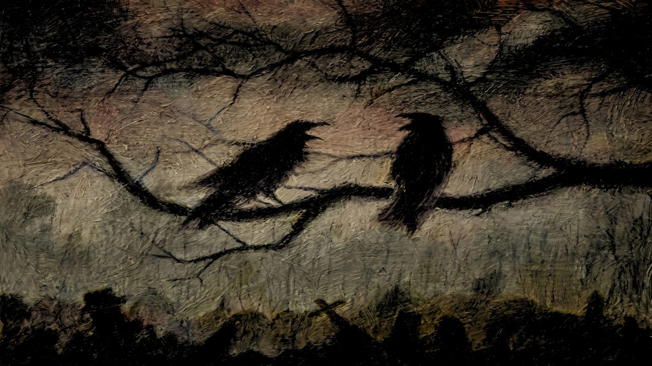 Dark Academia Frame TV Art, Moody Vintage Oil Painting (Two Crows on Branch)