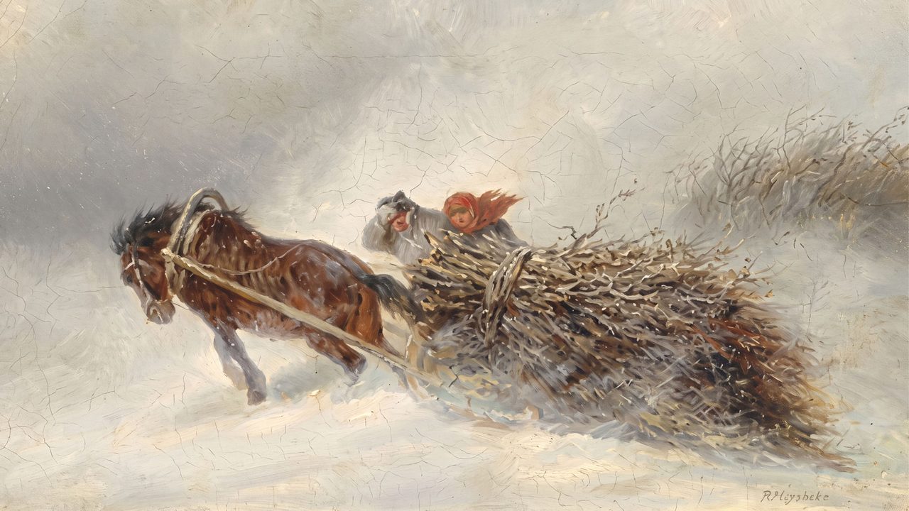 Christmas Frame TV Art, Vintage Holiday Oil Painting (Horse Hauling Brush in Snow)