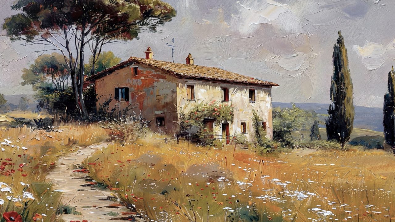 Vintage Frame TV Art, Antique Landscape Oil Painting (Tuscan Farmhouse with Cypress)
