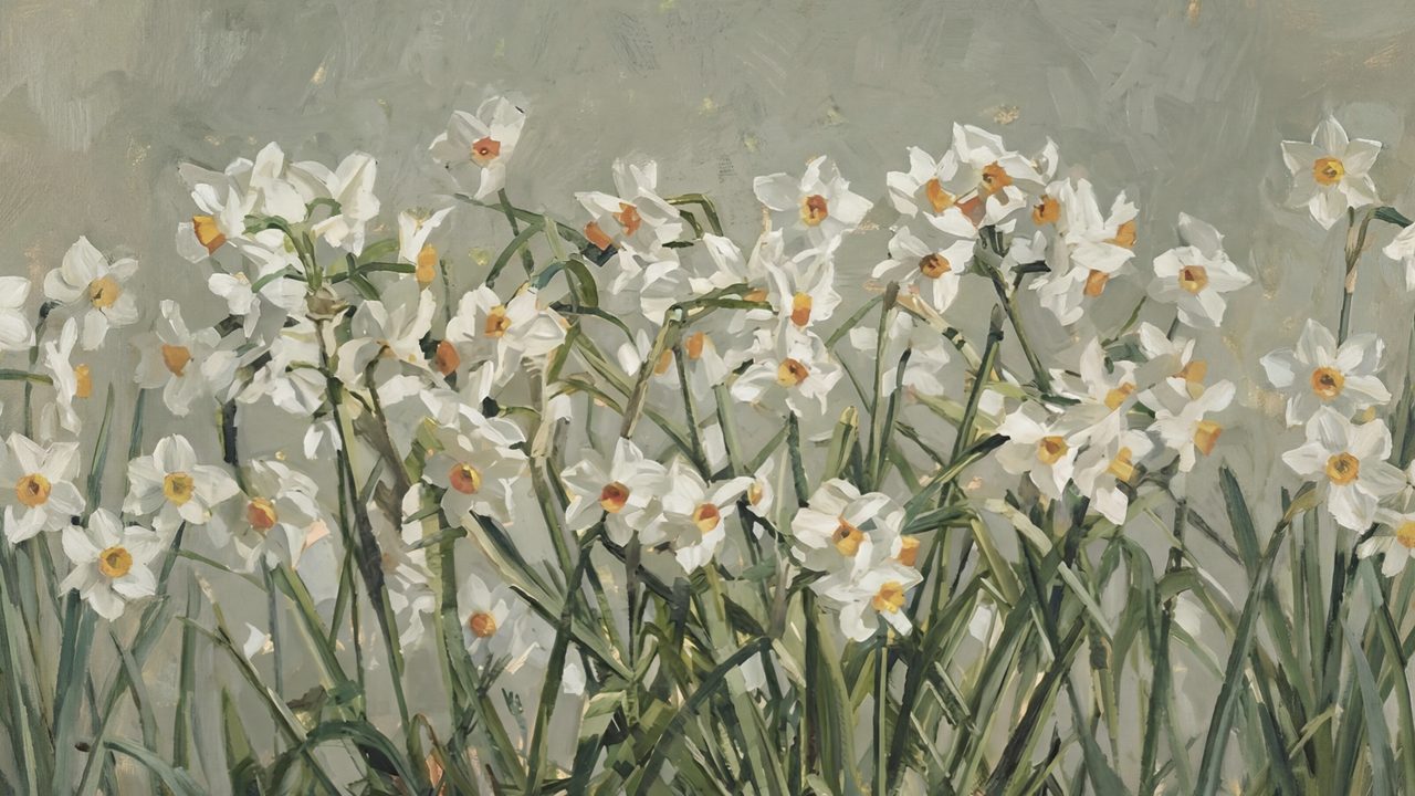 Easter Frame TV Art, Pastel Spring Oil Painting (White Narcissus Flowers)