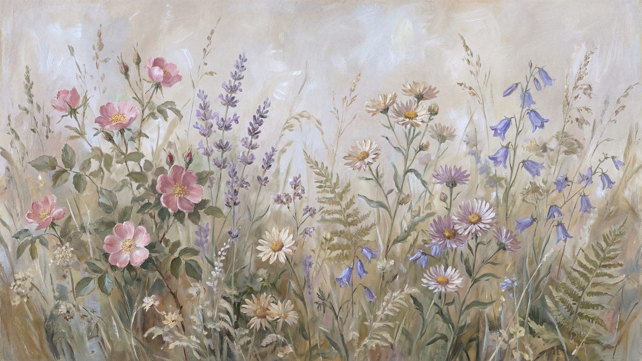 Vintage Frame TV Art, Antique Landscape Oil Painting (Wild Roses and Lavender)