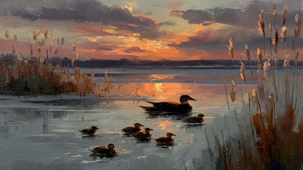 Christmas Frame TV Art, Vintage Holiday Oil Painting (Ducks on Frozen Lake at Sunset)