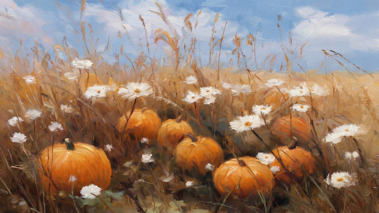 Fall Frame TV Art, Vintage Autumn Oil Painting (Pumpkins Among Daisies)