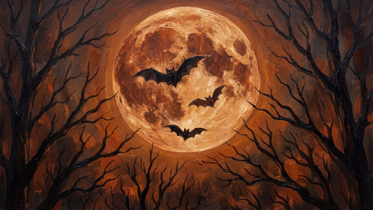 Halloween Frame TV Art, Vintage Moody Oil Painting (Bats over Orange Moon)