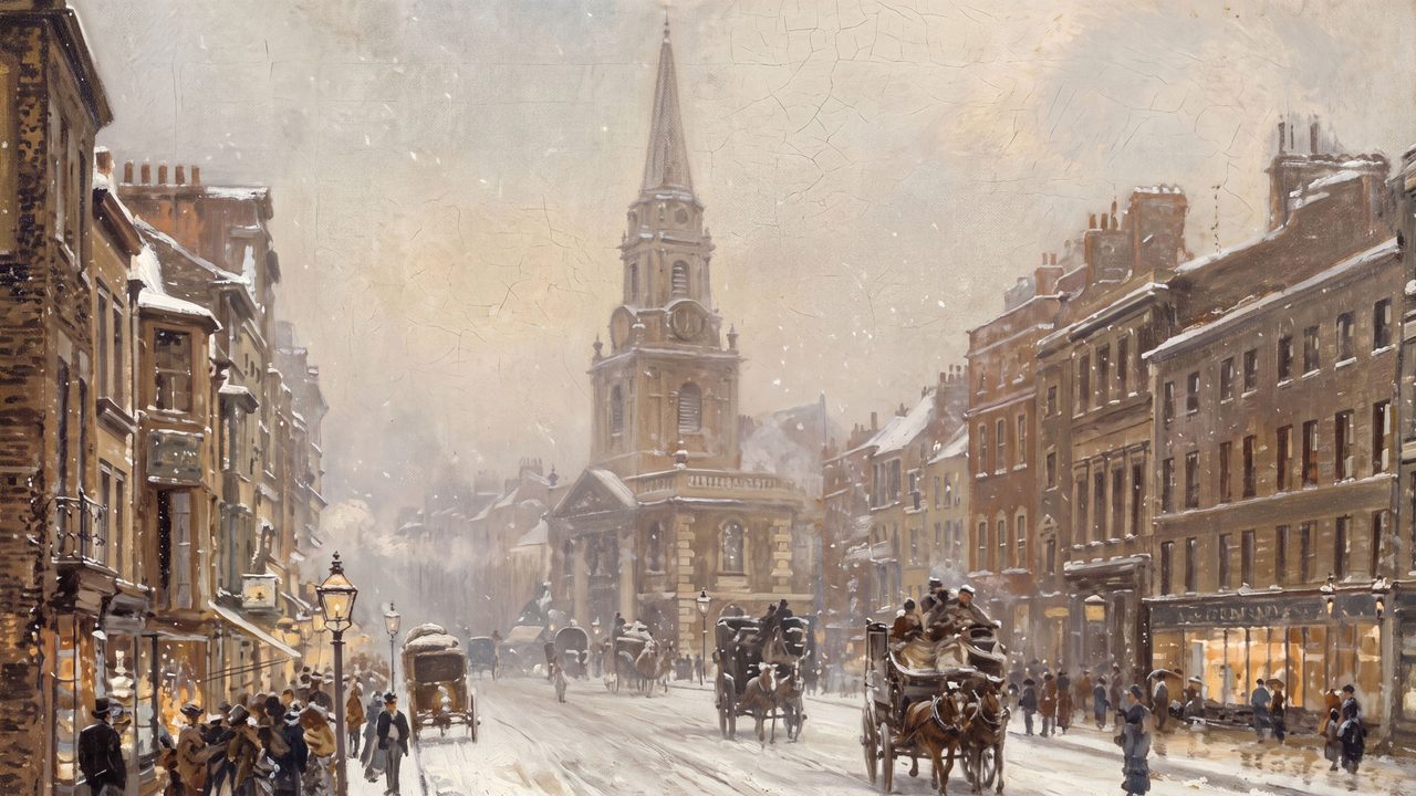 Christmas Frame TV Art, Vintage Holiday Oil Painting (Church Spire on Snowy Street)
