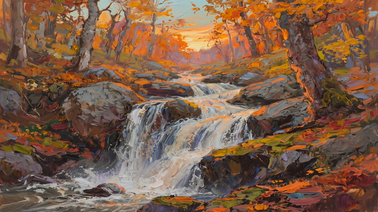 Fall Frame TV Art, Vintage Autumn Oil Painting (Waterfall in Autumn Forest)