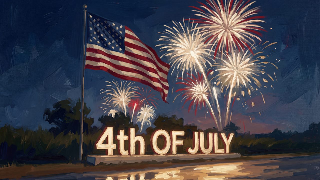 4th of July Frame TV Art, Patriotic American Oil Painting (Fourth of July Sign Fireworks)