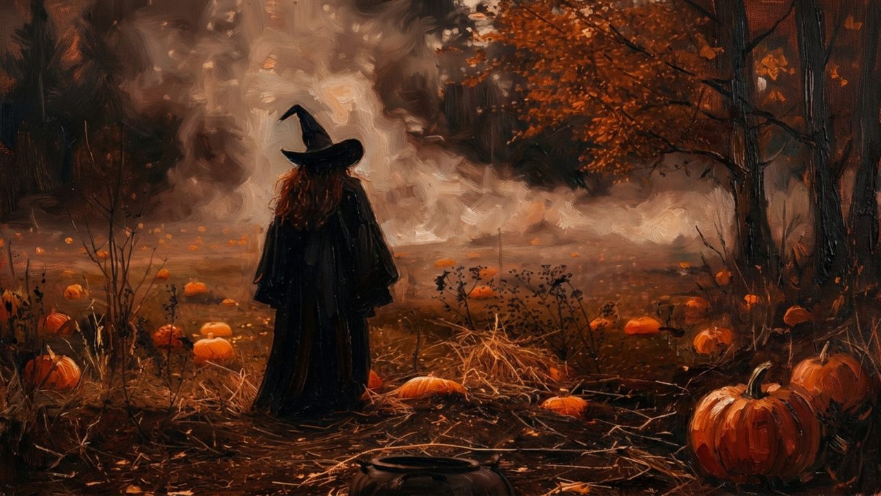 Halloween Frame TV Art, Vintage Moody Oil Painting (Witch in Pumpkin Patch)
