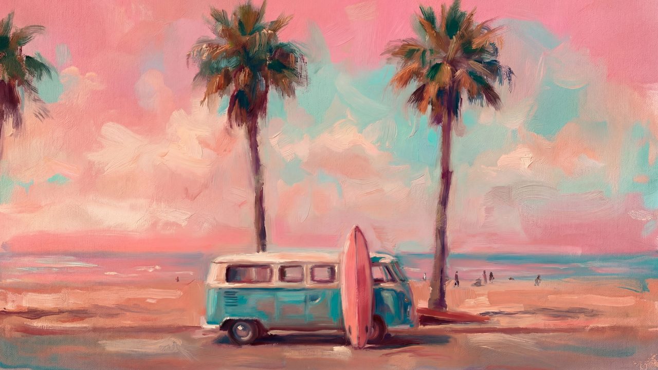 Summer Frame TV Art, Coastal Beach Oil Painting (Camper Van Under Palm Trees)