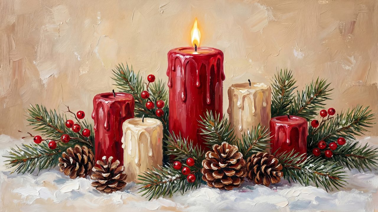 Christmas Frame TV Art, Vintage Holiday Oil Painting (Red Candles with Pine Cones)