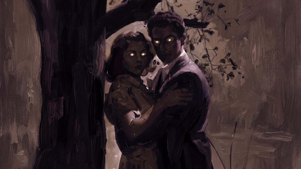 Halloween Frame TV Art, Vintage Moody Oil Painting (Couple with Glowing Eyes)