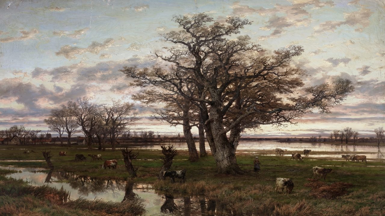 Vintage Frame TV Art, Antique Landscape Oil Painting (Old Oak in Pasture)