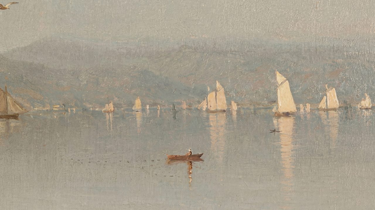 Nautical Frame TV Art, Coastal Oil Painting (Sailboat Regatta on Bay)