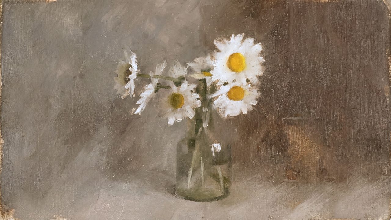 Vintage Frame TV Art, Antique Landscape Oil Painting (Daisies in Glass Jar)