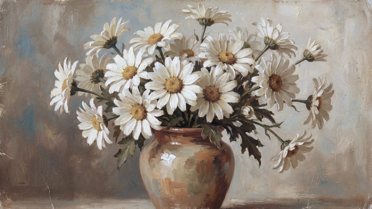 Vintage Frame TV Art, Antique Landscape Oil Painting (Daisies in Ceramic Vase)