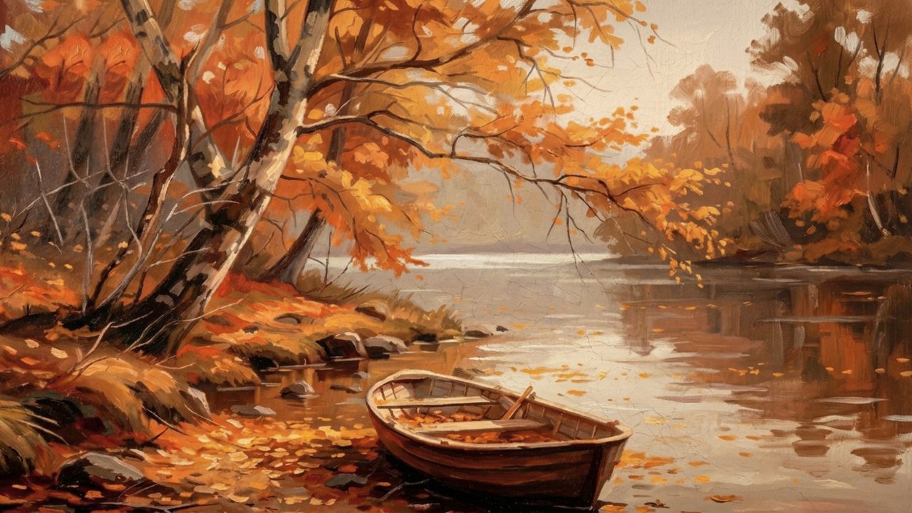 Fall Frame TV Art, Vintage Autumn Oil Painting (Rowboat on Autumn River)