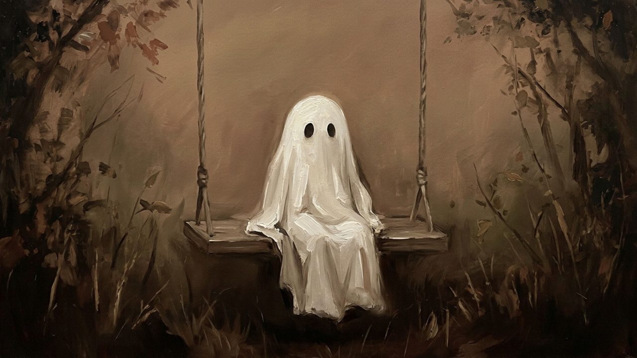 Fall Frame TV Art, Vintage Autumn Oil Painting (Ghost on Swing)