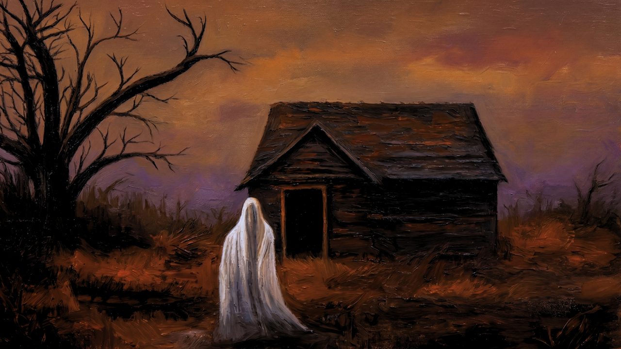 Halloween Frame TV Art, Vintage Moody Oil Painting (Ghost by Old Cabin)